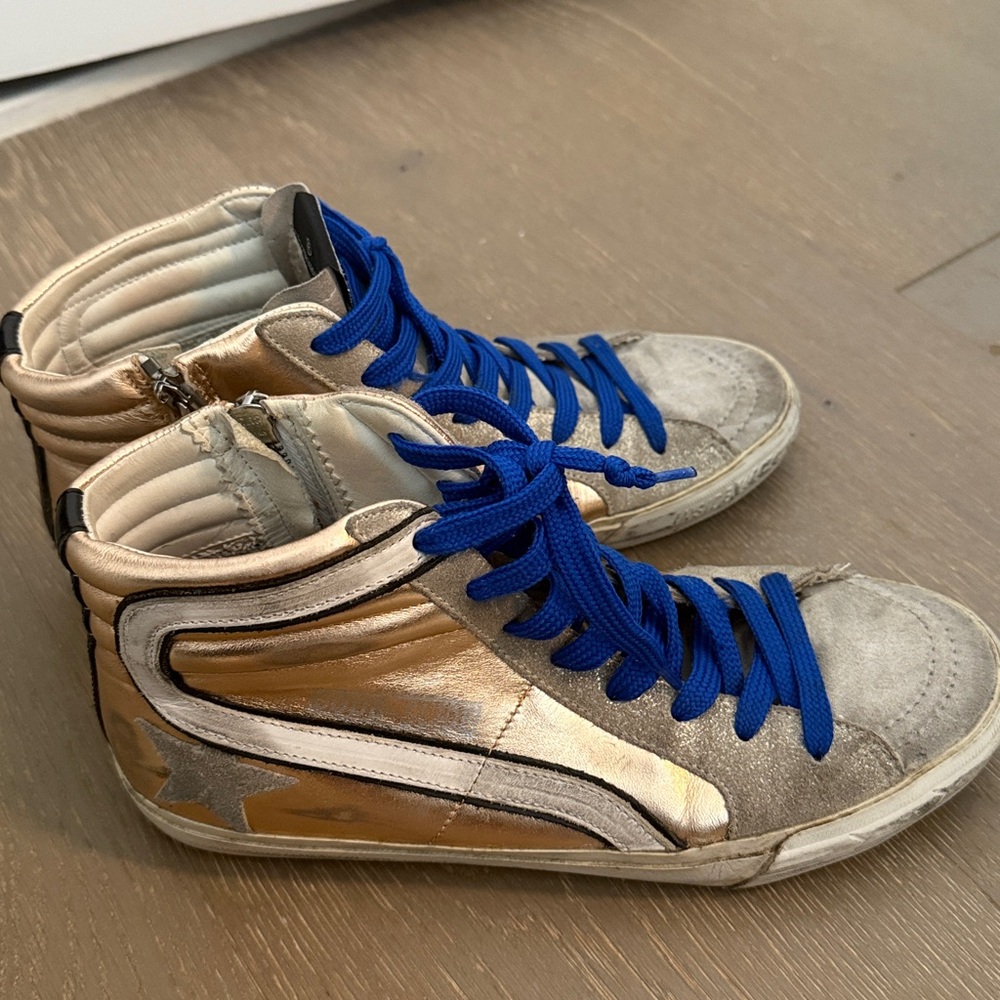 Golden Goose Gold and Blue High-Top Sneakers